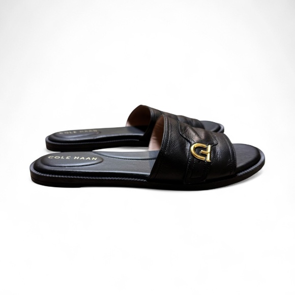 Cole Haan Women’s 7.5B Black Leather Slide Sandals Gold Logo W28299 New NWOB - Picture 3 of 3